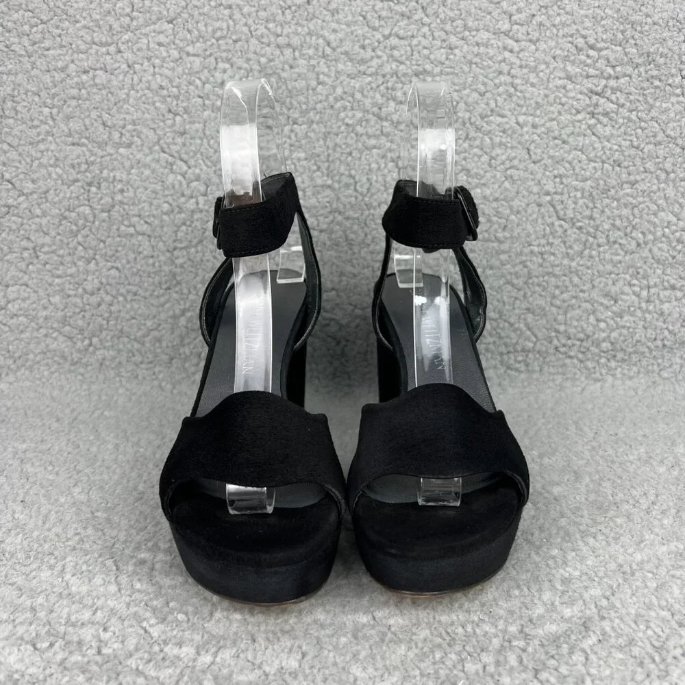 Stuart Weitzman Real Deal Sandal Heels Womens 5 Shoes Black Suede Platform Strap - Picture 4 of 12